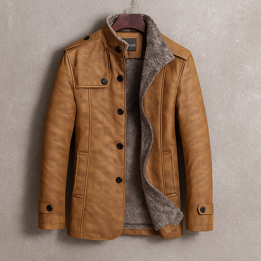 Brown leather jacket with gray lining on a beige background