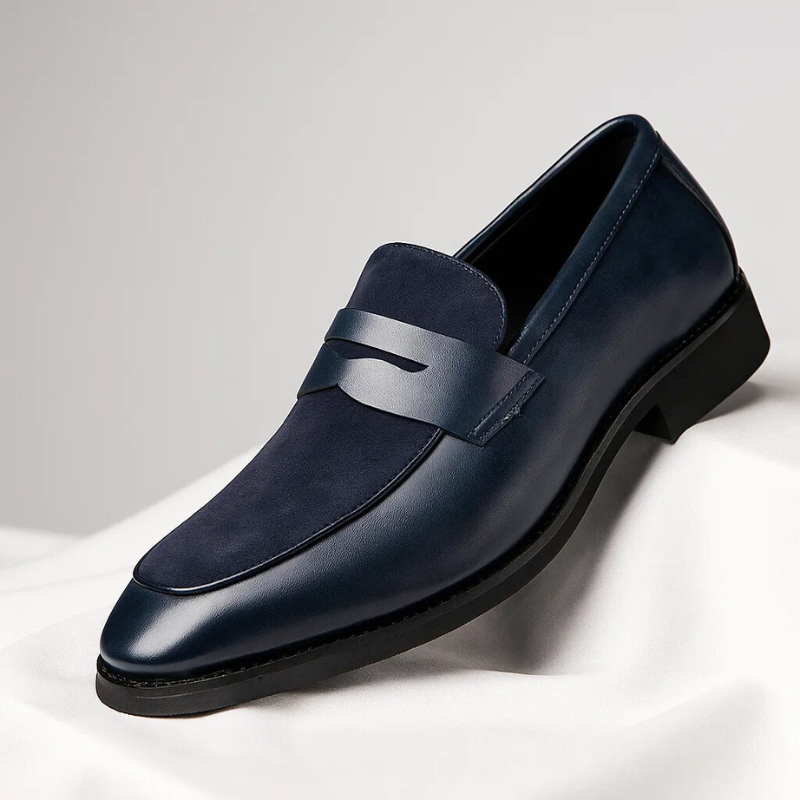 Navy blue loafer shoe on a light gray background