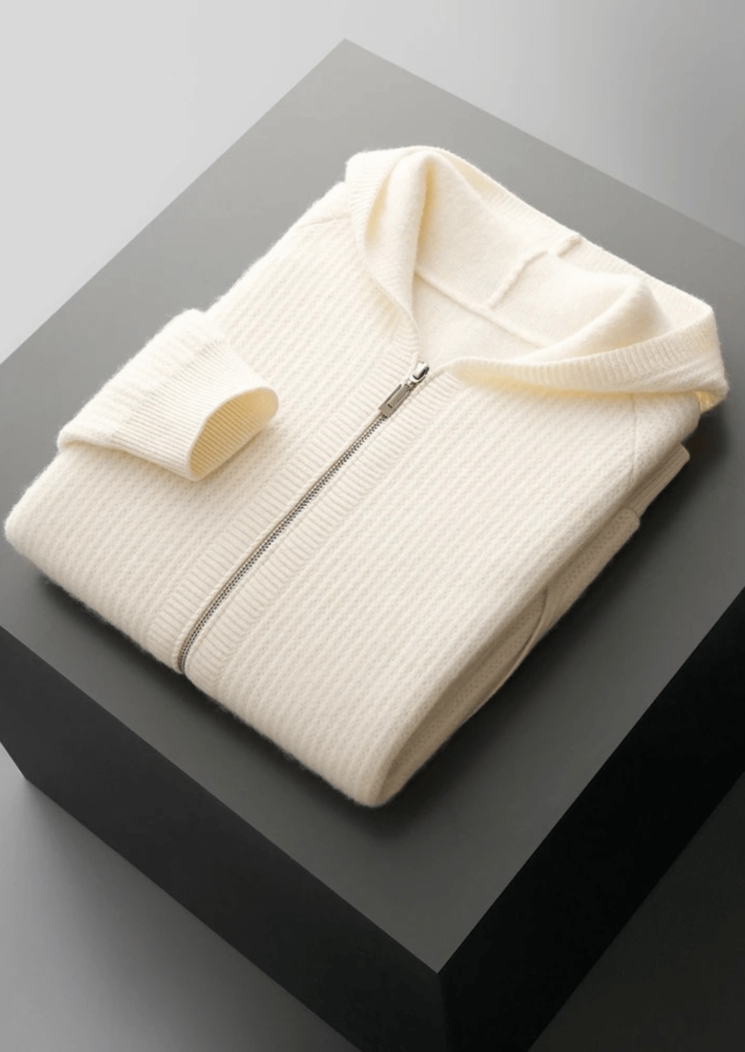 WOOL RIBBED ZIPPER HOODIE
